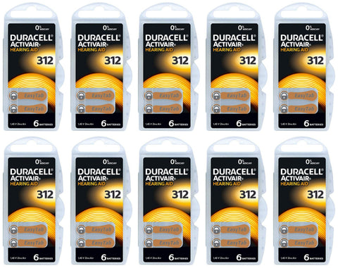 Size 312 Duracell Hearing Aid Batteries Activair Easy Tab - 60 Pieces - 10 Packs